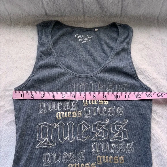 GUESS Grey Ribbed Tank Top Large Y2K Gothic Font Rhinestone - Picture 5 of 7